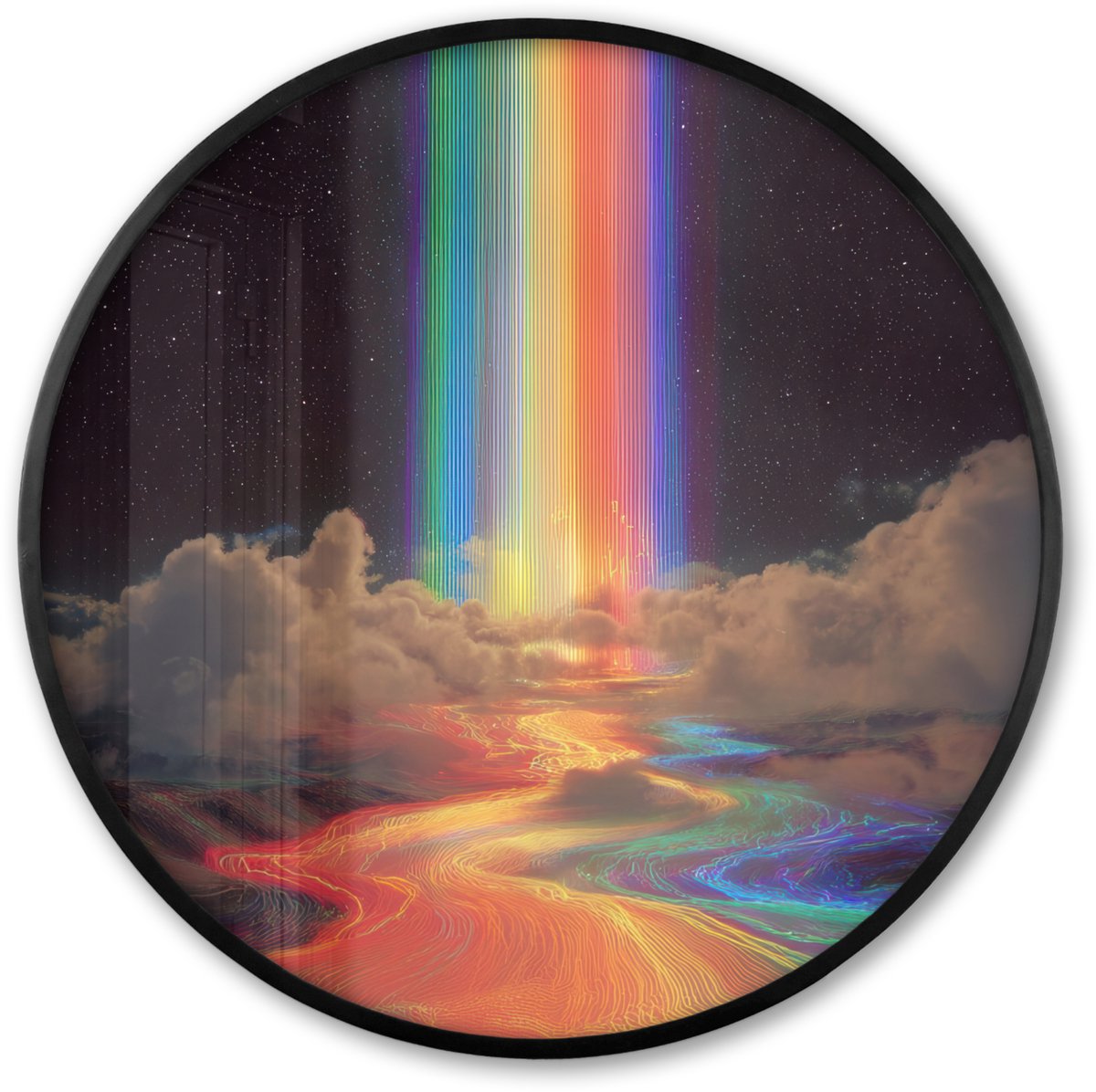 FrameYourWall Poster in lijst Rond - Fotolijst 80x80 cm - Posters - Regenboog - Verticaal - Sterrenhemel - Wolken - Ronde posterlijst zwart - Decoratie - Wanddecoratie woonkamer - Muurdecoratie slaapkamer Regenboog - Sterrenhemel - Wolken