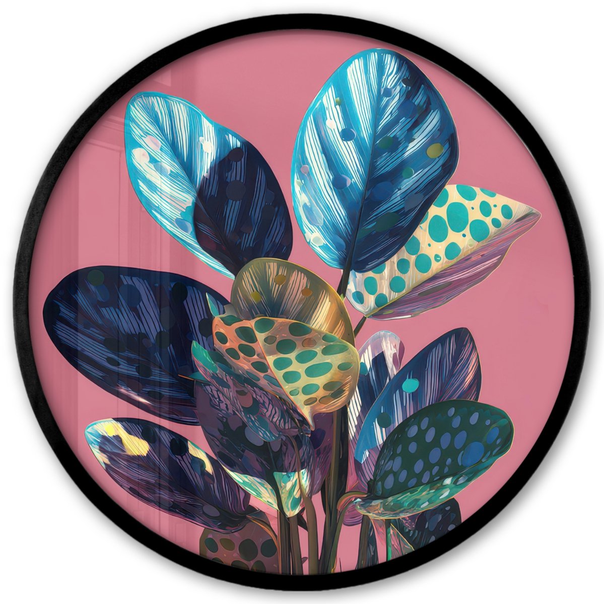 FrameYourWall Poster in lijst Rond - Fotolijst 40x40 cm - Posters - Plant - Bladeren - Stippen - Abstract - Ronde posterlijst zwart - Decoratie - Wanddecoratie woonkamer - Muurdecoratie slaapkamer