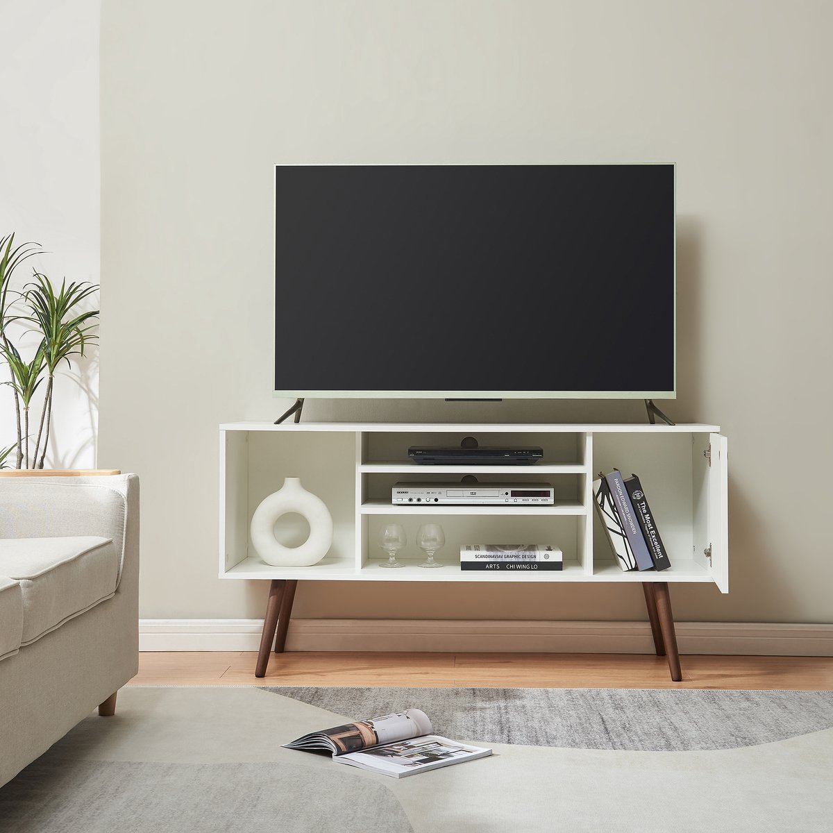 en.casa Tv-meubel Vare 130x40x66 cm wit en walnootkleurig [en.casa]