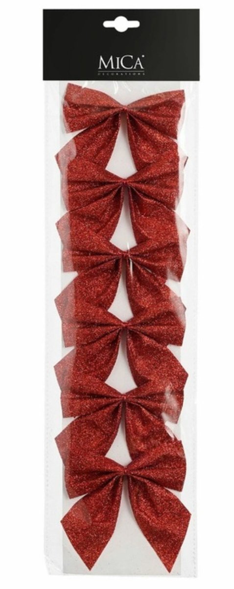 Mica Decorations Kerst ornamenten strikken - 6x st - rood met glitters - 10 x 12 cm - kerstboomstrikjes - kerstversiering