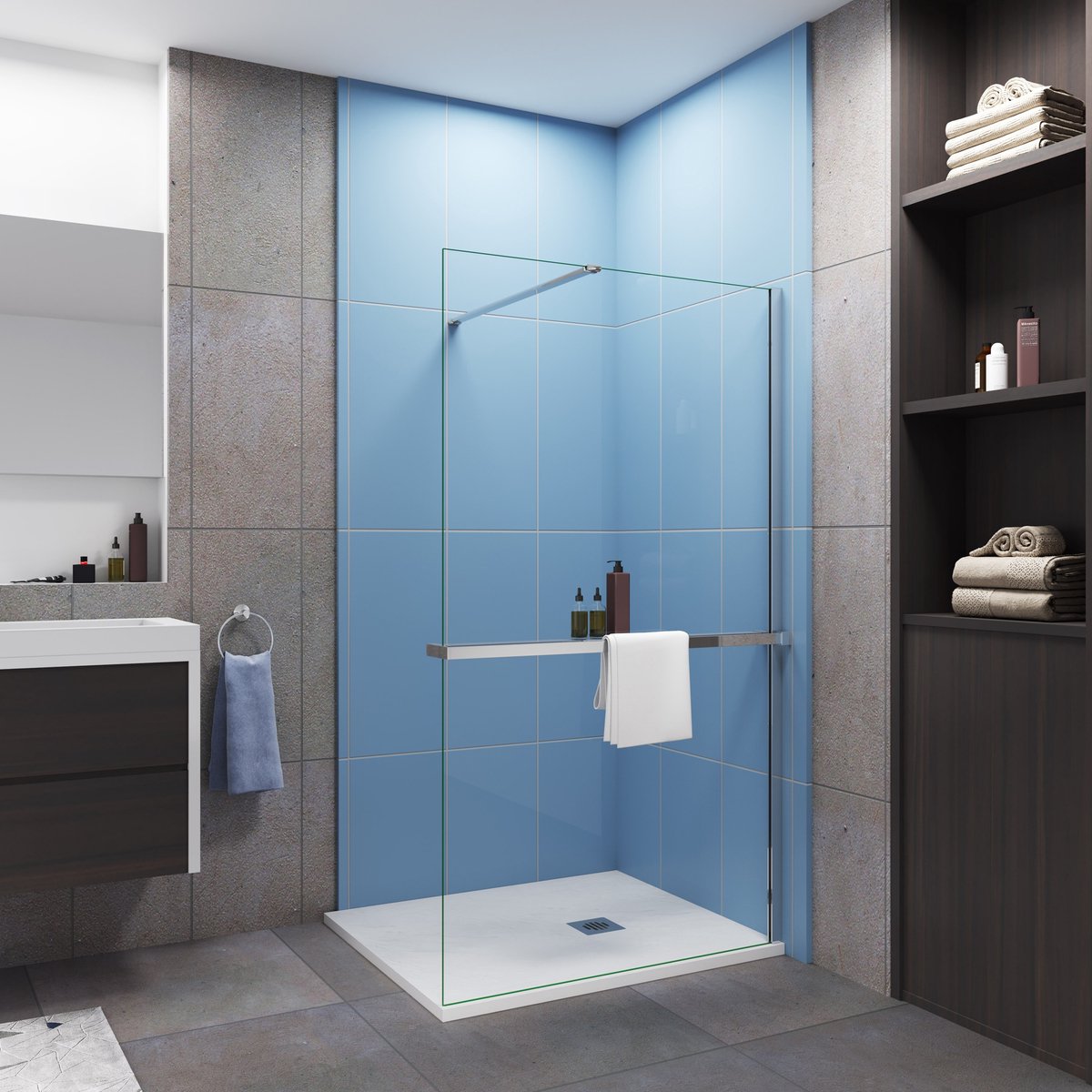 Moderne inloopdouche 120x200cm-8mm easy clean glas met planchet-N-stabilisatiestang 140cm-Snijbaar-glanzend chromen
