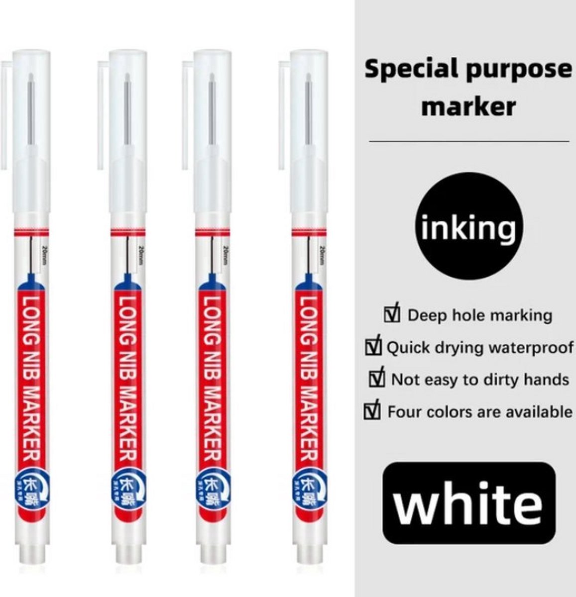 TLVX 4 stuks Verlengde Permanent Marker Wit – Markeerstift - Markeer Timmerman potlood inkt – Bouw Markering stift – Timmermanspen - 20mm Long Tip Marker – Diep gat marker – Teken Hout, Metaal, Glas, Spiegel, Tegels, Beton – Witte inkt