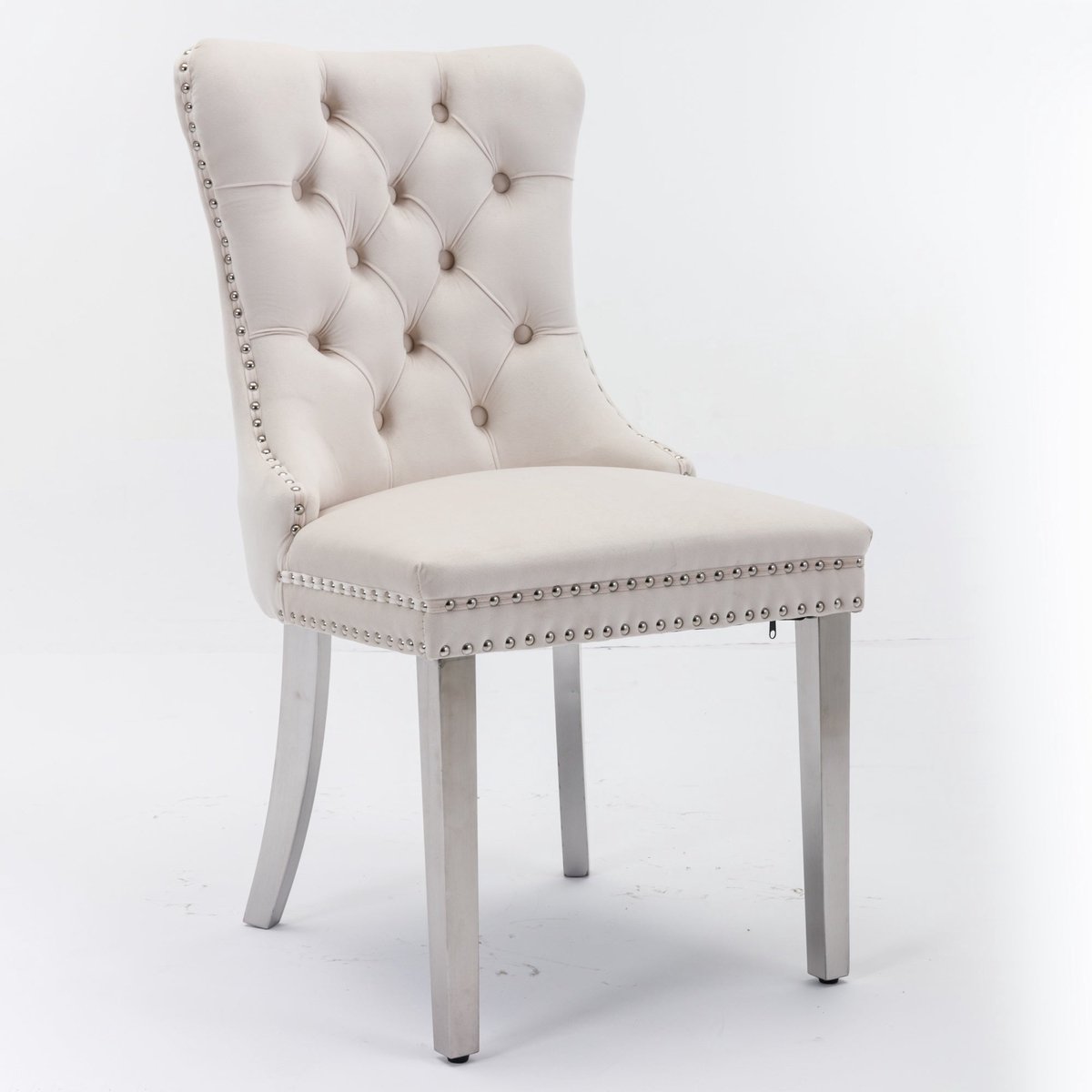 Merax Nikki Collection Eetkamerstoelen - Set van 2 - Luxe Fluwelen Stoelen met Hoge Rugleuning - Beige Bekleding - Chroom Stalen Poten - Klassiek Design met Nagelstuds