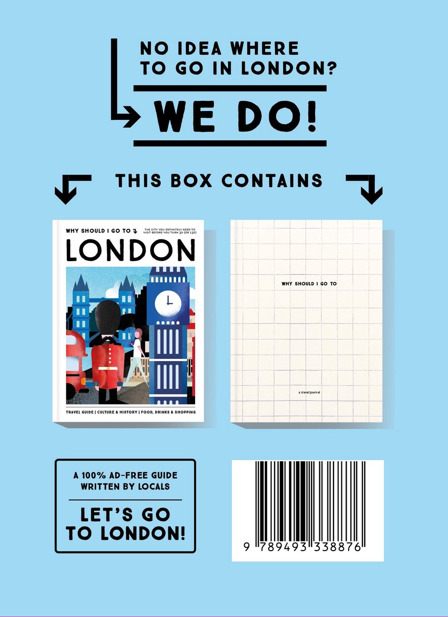 Bovenaanzicht van de "Why Should I Go To London" doos met een gids en een reisdagboek, naast tekst en een barcode.