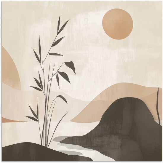 Poster Japandi landschap beige XXL, 100x100 cm