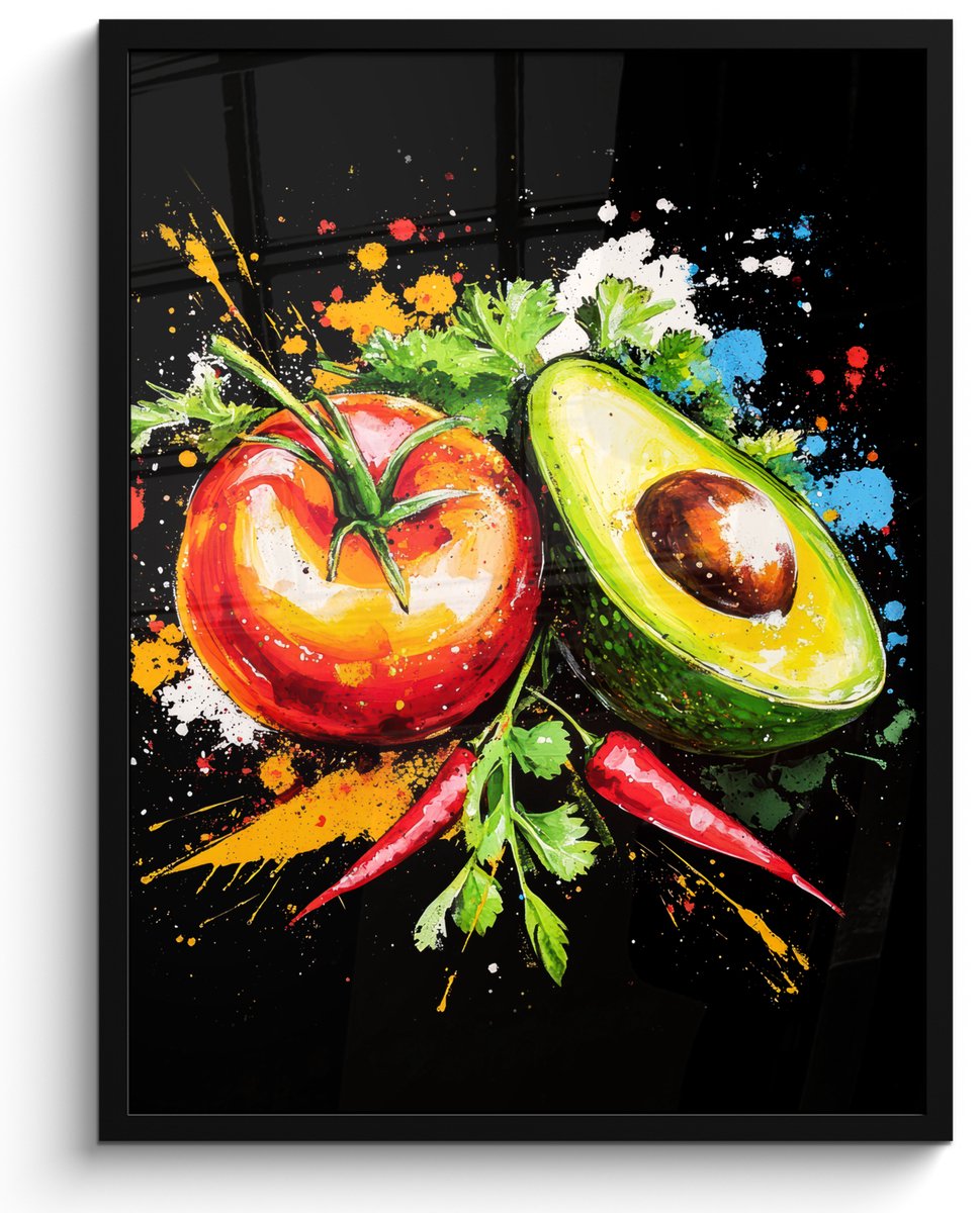 Poster in lijst - Fotolijst 60x80 cm - Posters - Tomaat - Avocado - Peper - Graffiti - Ver