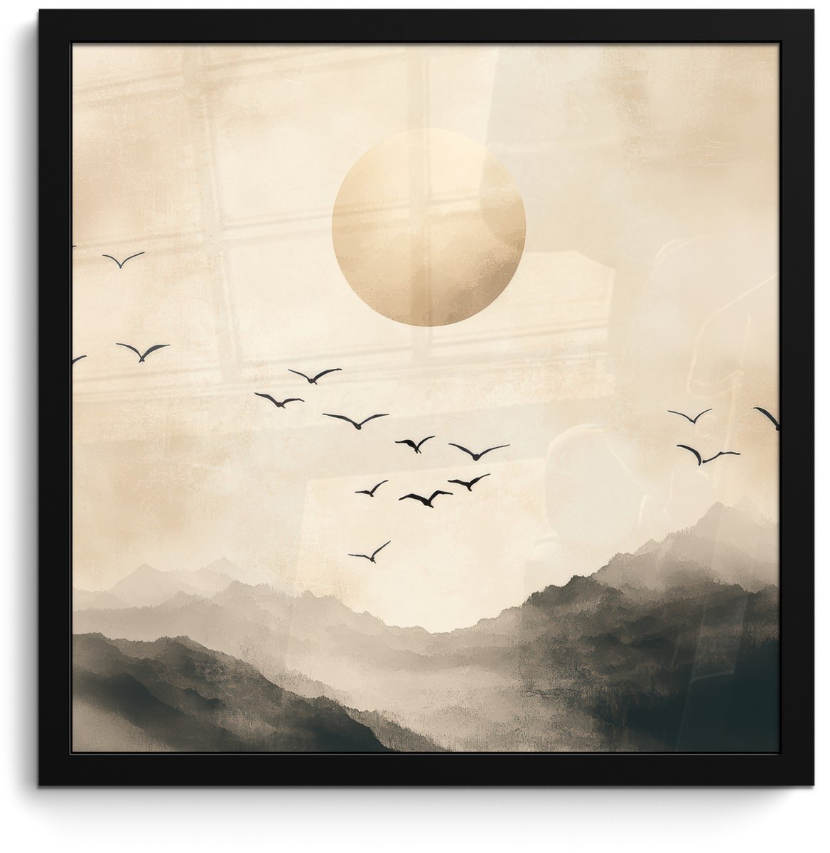 FrameYourWall Poster in lijst - Fotolijst 40x40 cm - Posters - Landschap - Japandi - vogel - Posterlijst zwart - Decoratie - Wanddecoratie woonkamer - Muurdecoratie slaapkamer