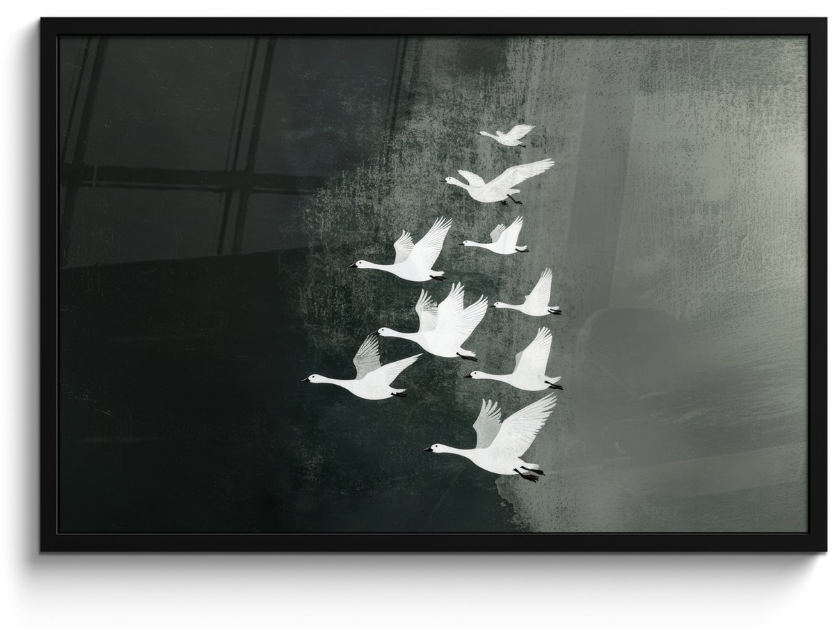 FrameYourWall Poster in lijst - Fotolijst 90x60 cm - Posters - Vogel - Japandi - Groen - Posterlijst zwart - Decoratie - Wanddecoratie woonkamer - Muurdecoratie slaapkamer Vogels