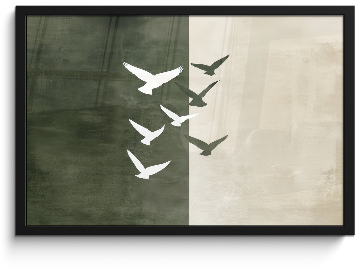 FrameYourWall Poster in lijst - Fotolijst 60x40 cm - Posters - Japandi - Vogel - Groen - Posterlijst zwart - Decoratie - Wanddecoratie woonkamer - Muurdecoratie slaapkamer Vogels