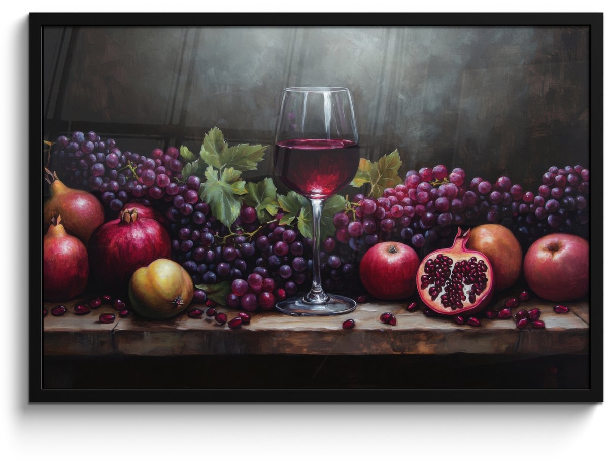 FrameYourWall Poster in lijst - Fotolijst 90x60 cm - Posters - Wijn - Fruit - Stilleven - Posterlijst zwart - Decoratie - Wanddecoratie woonkamer - Muurdecoratie slaapkamer