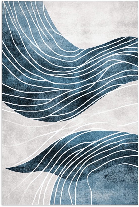 Abstracte poster met golvende blauwe en grijze vormen, omlijst door witte lijnen.