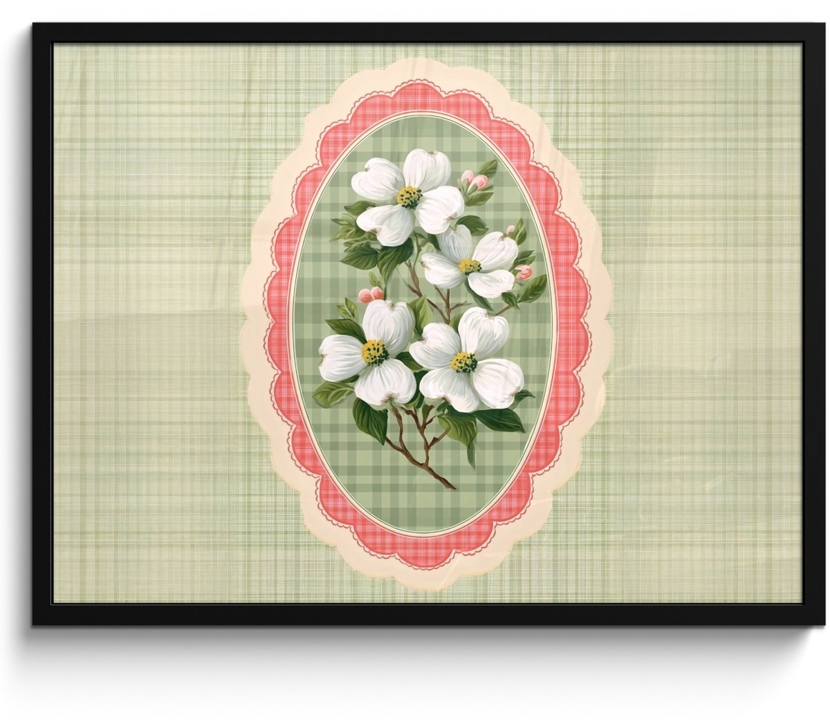 FrameYourWall Poster in lijst - Fotolijst 80x60 cm - Posters - Bloemen - Illustratie - Geruit - Groen - Posterlijst zwart - Decoratie - Wanddecoratie woonkamer - Muurdecoratie slaapkamer Bloemen - Geruit