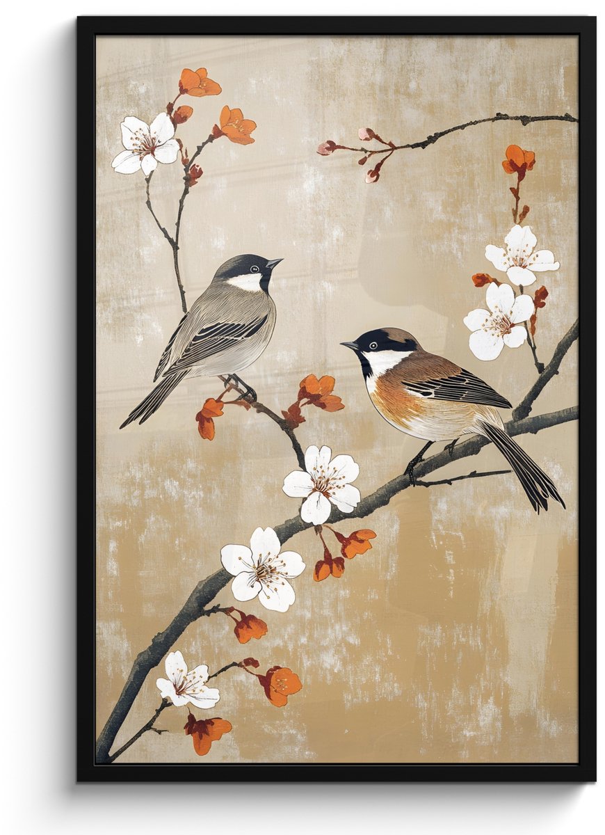 FrameYourWall Poster in lijst - Fotolijst 60x90 cm - Posters - Vogels - Bloesemtak - Bloemen - Oranje - Posterlijst zwart - Decoratie - Wanddecoratie woonkamer - Muurdecoratie slaapkamer
