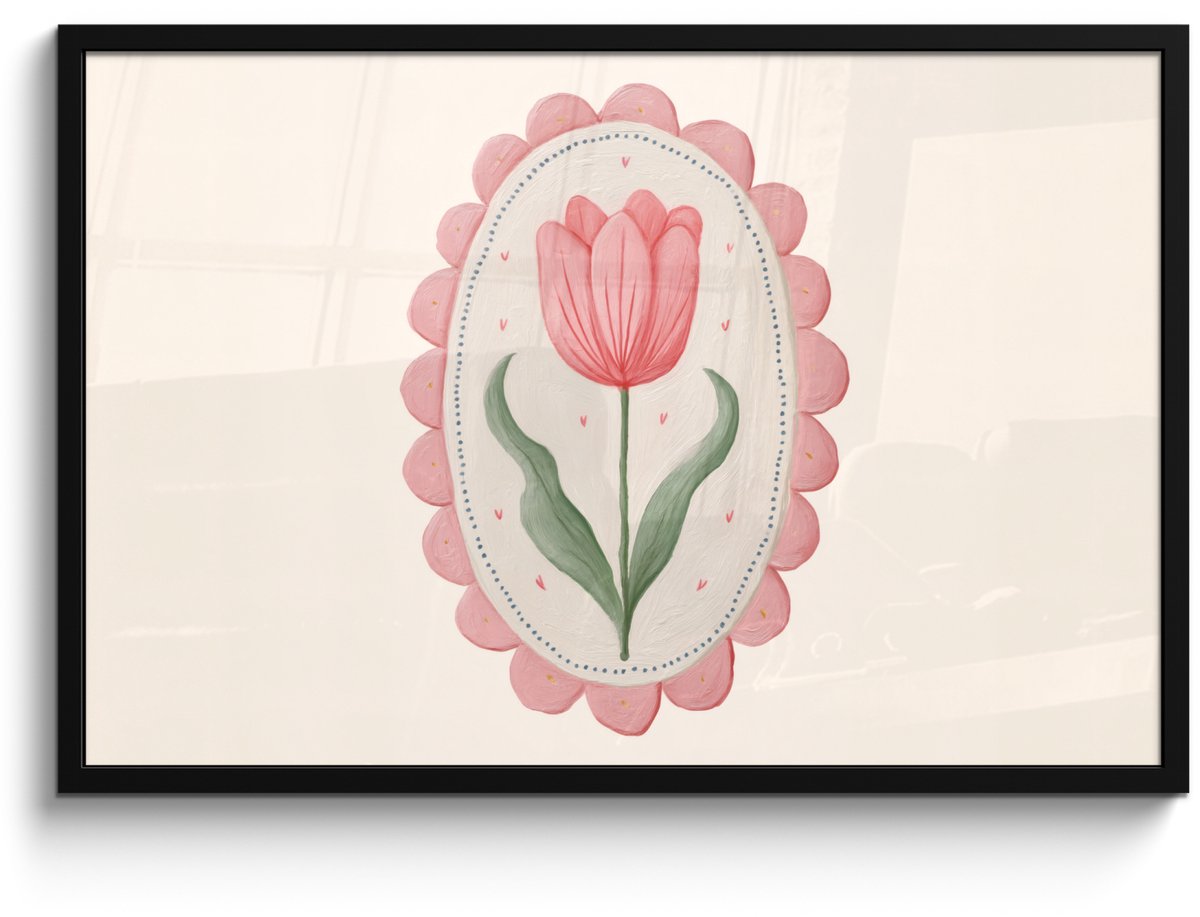 FrameYourWall Poster in lijst - Fotolijst 90x60 cm - Posters - Tulp - Lijst - Ovaal - Illustratie - Posterlijst zwart - Decoratie - Wanddecoratie woonkamer - Muurdecoratie slaapkamer Tulp - Ovaal