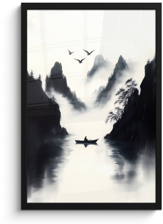 Affiche encadrée - Cadre photo 40x60 cm - Posters - Barque - Brumeux - Montagnes - Vogels - Poster cadre noir - Décoration - Décoration murale salon - Décoration murale chambre