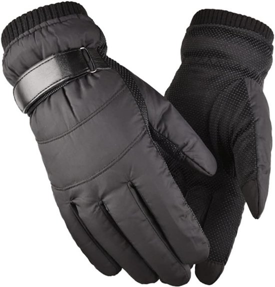 Paar zwarte winterhandschoenen met klittenbandsluiting op de pols en gestructureerde palm.