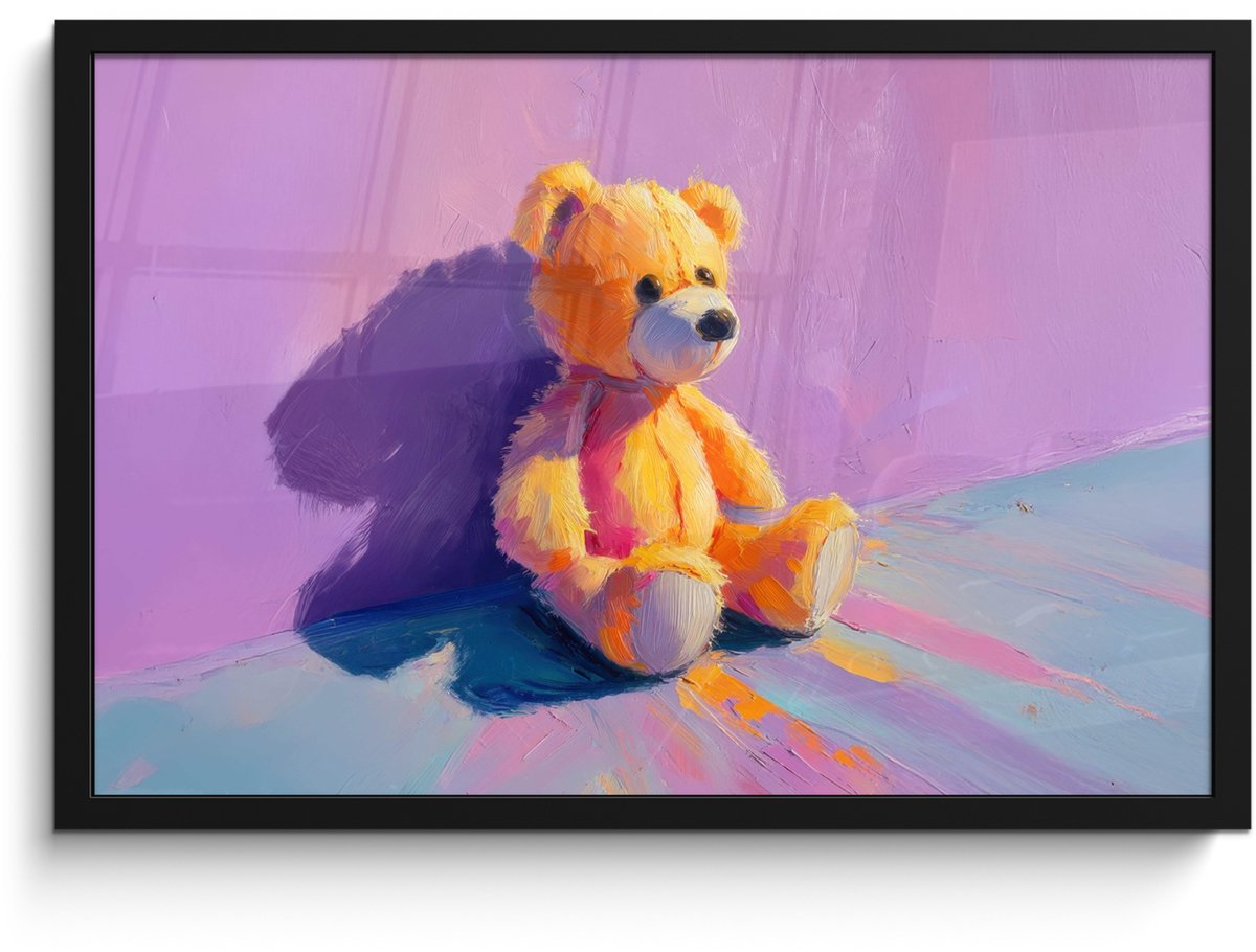 FrameYourWall Poster in lijst - Fotolijst 60x40 cm - Posters - Teddybeer - Schaduw - Penseelstreken - Paars - Posterlijst zwart - Decoratie - Wanddecoratie woonkamer - Muurdecoratie slaapkamer