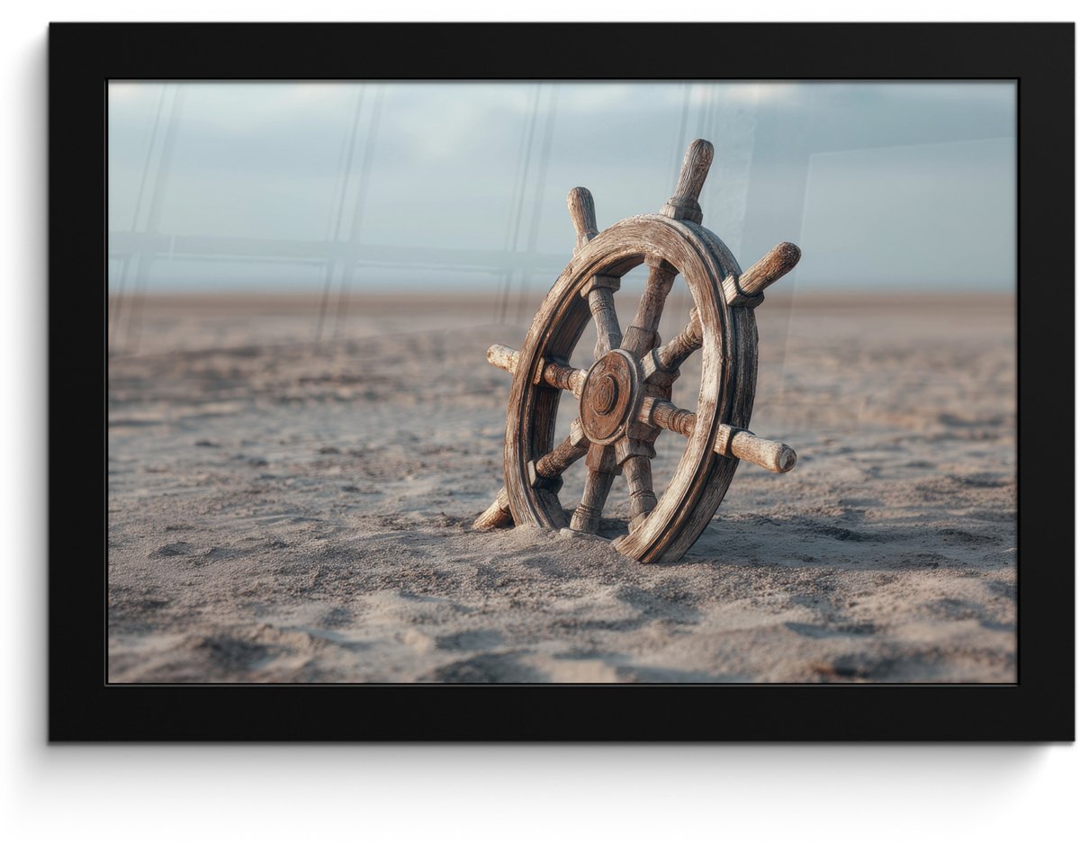 FrameYourWall Poster in lijst - Fotolijst 30x20 cm - Posters - Scheepsstuur - Hout - Bruin - Zand - Posterlijst zwart - Decoratie - Wanddecoratie woonkamer - Muurdecoratie slaapkamer