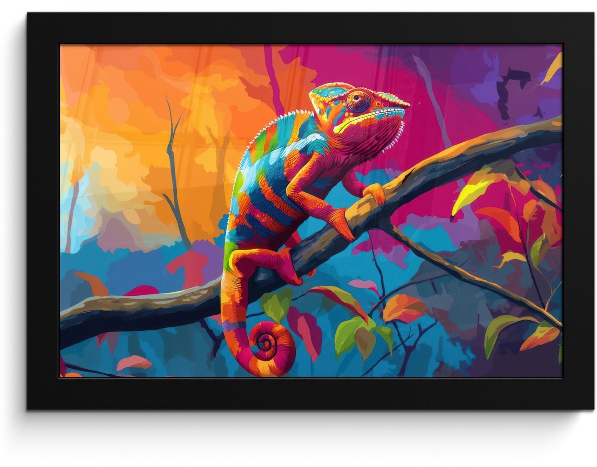 FrameYourWall Poster in lijst - Fotolijst 30x20 cm - Posters - Kameleon - Tak - Gestreept - Bladeren - Posterlijst zwart - Decoratie - Wanddecoratie woonkamer - Muurdecoratie slaapkamer Kameleon - Kleurrijk