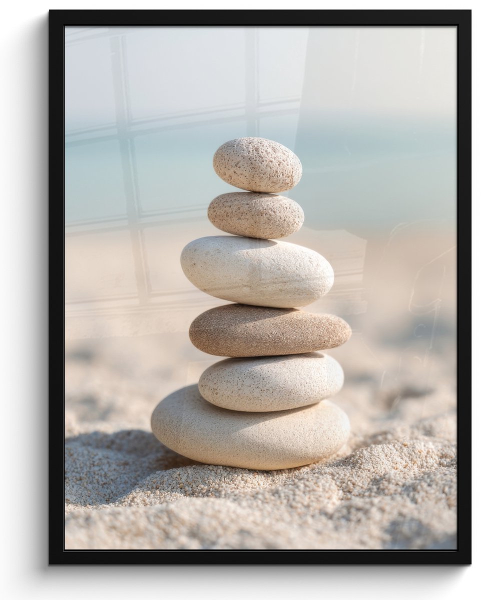 FrameYourWall Poster in lijst - Fotolijst 60x80 cm - Posters - Stenen - Stapel - Zand - Zee - Posterlijst zwart - Decoratie - Wanddecoratie woonkamer - Muurdecoratie slaapkamer