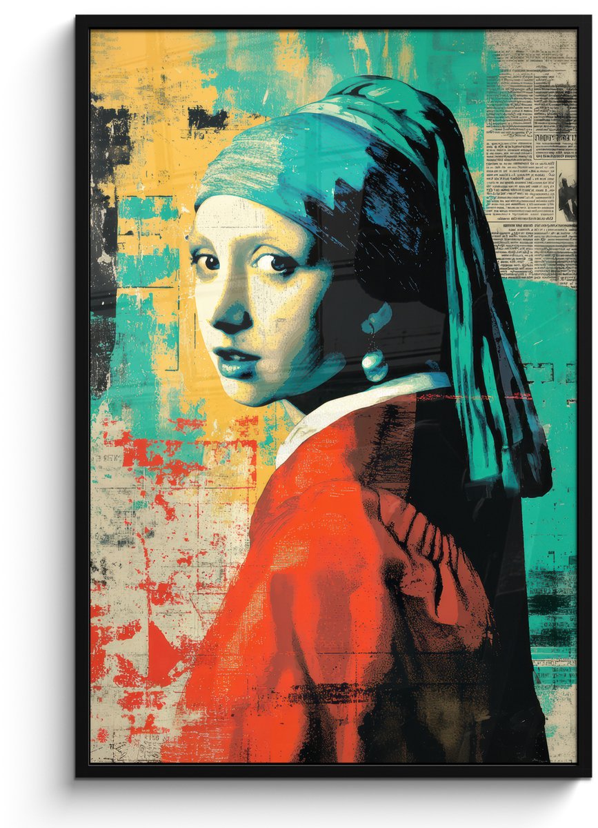 FrameYourWall Poster in lijst - Fotolijst 80x120 cm - Posters - Klassiek - Pareloorbel - Streetartstijl - Kleurrijk - Posterlijst zwart - Decoratie - Wanddecoratie woonkamer - Muurdecoratie slaapkamer Vrouw - Klassiek - Pareloorbel