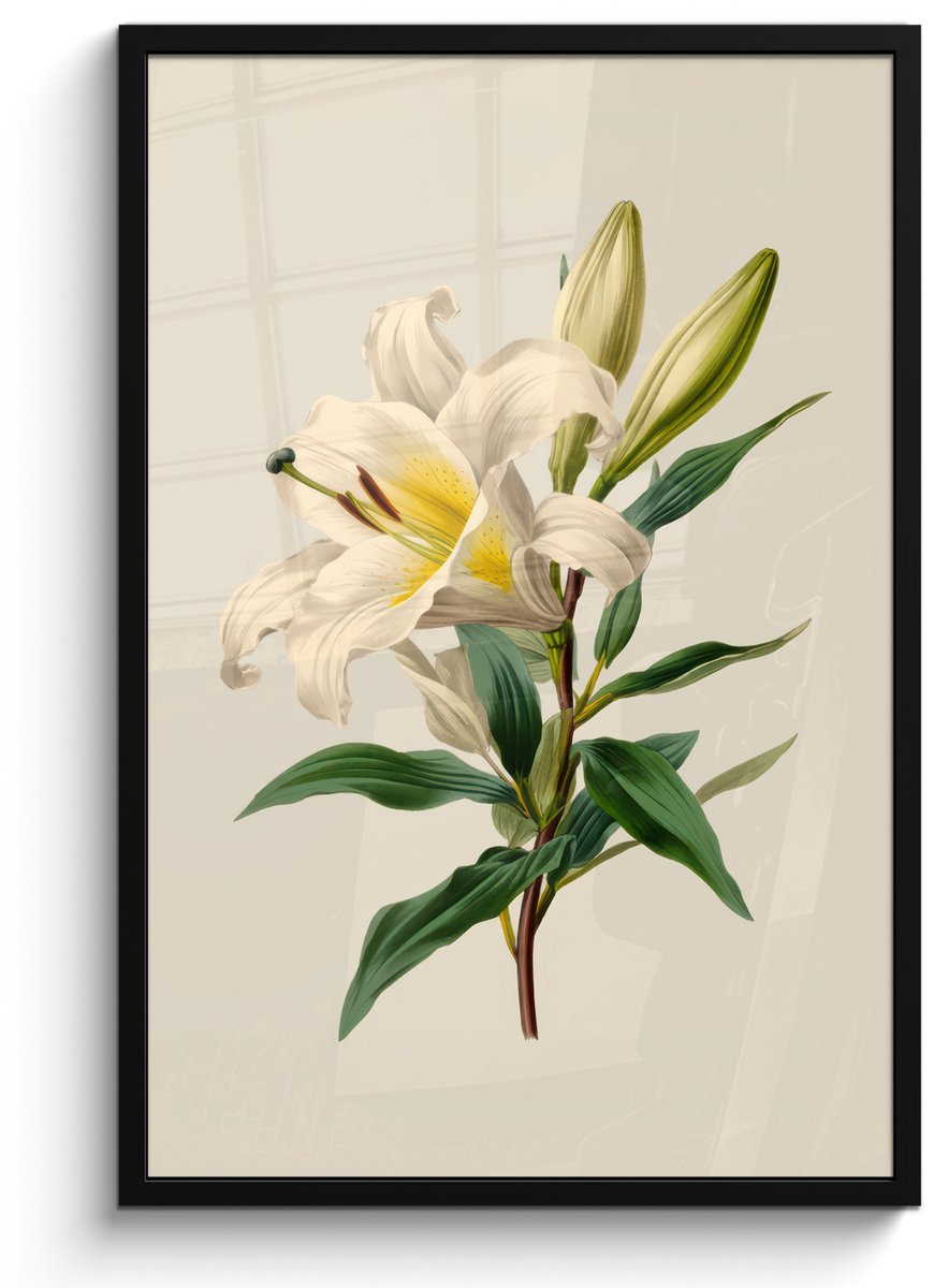 FrameYourWall Poster in lijst - Fotolijst 60x90 cm - Posters - Lelie - Elegant - Botanisch - Beige - Posterlijst zwart - Decoratie - Wanddecoratie woonkamer - Muurdecoratie slaapkamer