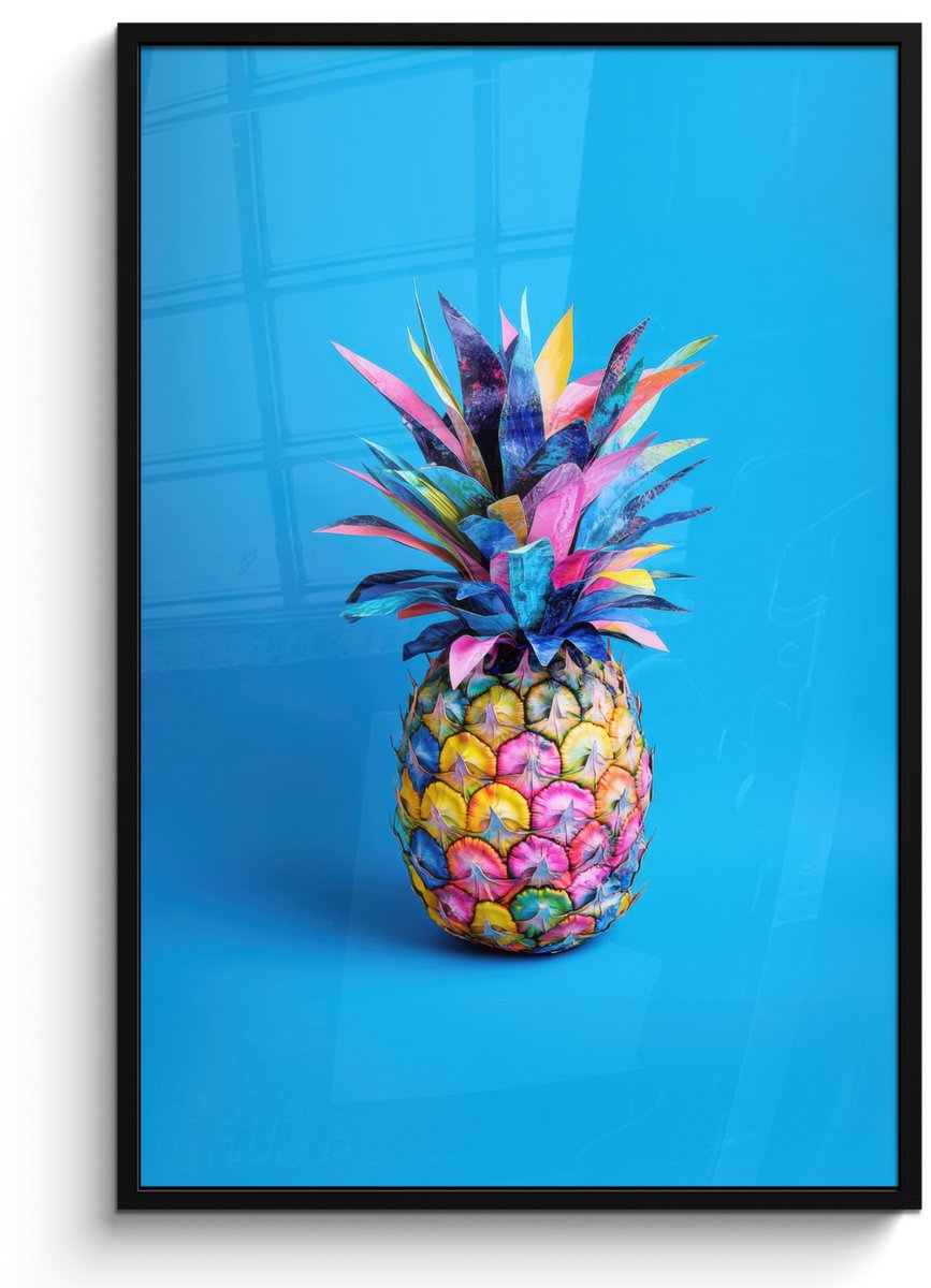 FrameYourWall Poster in lijst - Fotolijst 80x120 cm - Posters - Ananas - Blauw - Tropisch - Vrolijk - Posterlijst zwart - Decoratie - Wanddecoratie woonkamer - Muurdecoratie slaapkamer Ananas - Tropisch