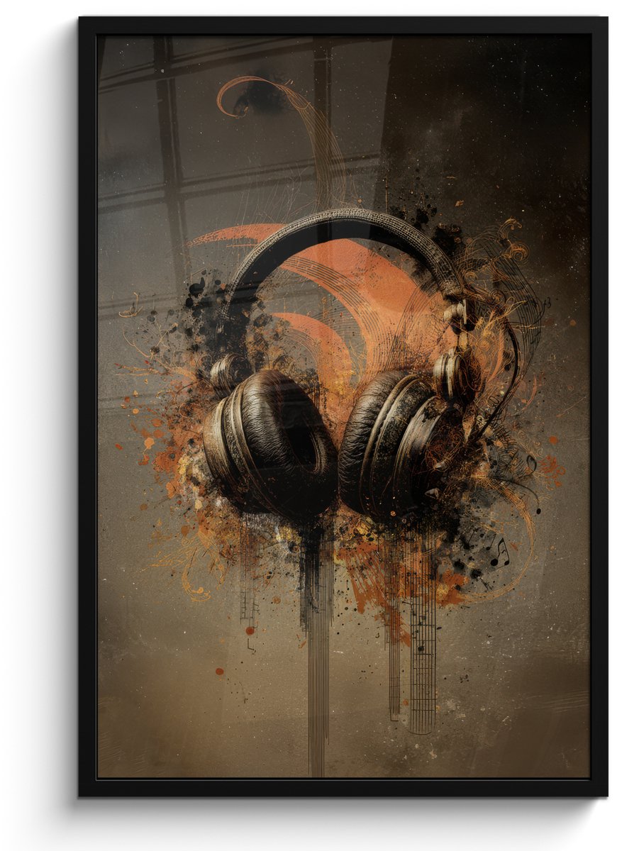 FrameYourWall Poster in lijst - Fotolijst 60x90 cm - Posters - Koptelefoon - Bruin - Verf - Vintage - Posterlijst zwart - Decoratie - Wanddecoratie woonkamer - Muurdecoratie slaapkamer