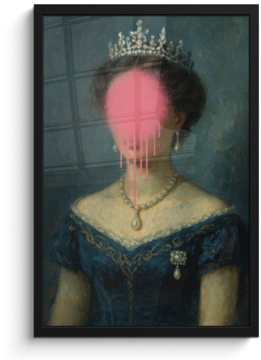 FrameYourWall Poster in lijst - Fotolijst 40x60 cm - Posters - Kroon - Roze druipend verf - Portret - Posterlijst zwart - Decoratie - Wanddecoratie woonkamer - Muurdecoratie slaapkamer Vrouw - Kroon - Verf