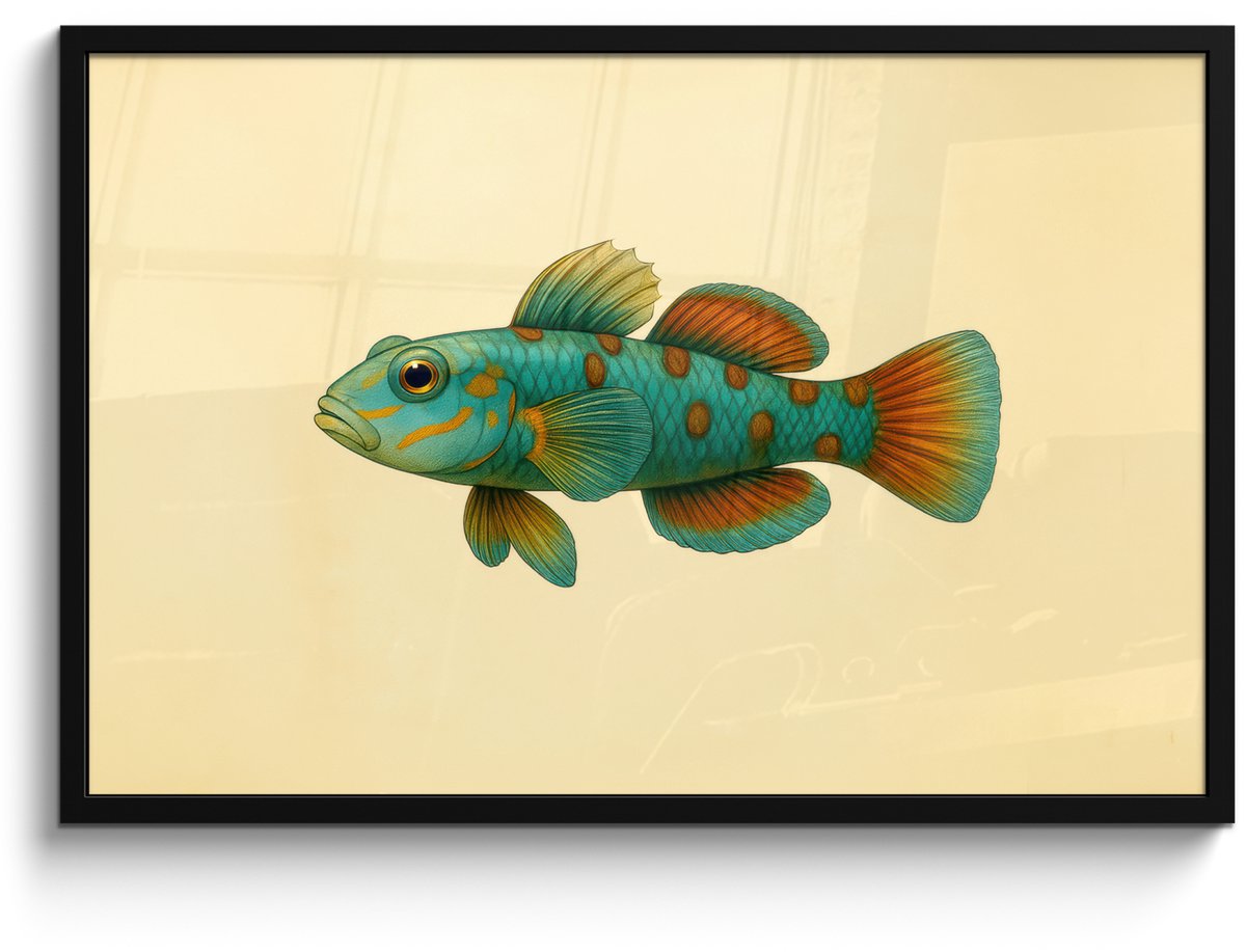 FrameYourWall Poster in lijst - Fotolijst 90x60 cm - Posters - Vis - Blauw - Stippen - Schubben - Posterlijst zwart - Decoratie - Wanddecoratie woonkamer - Muurdecoratie slaapkamer Vis - Stippen