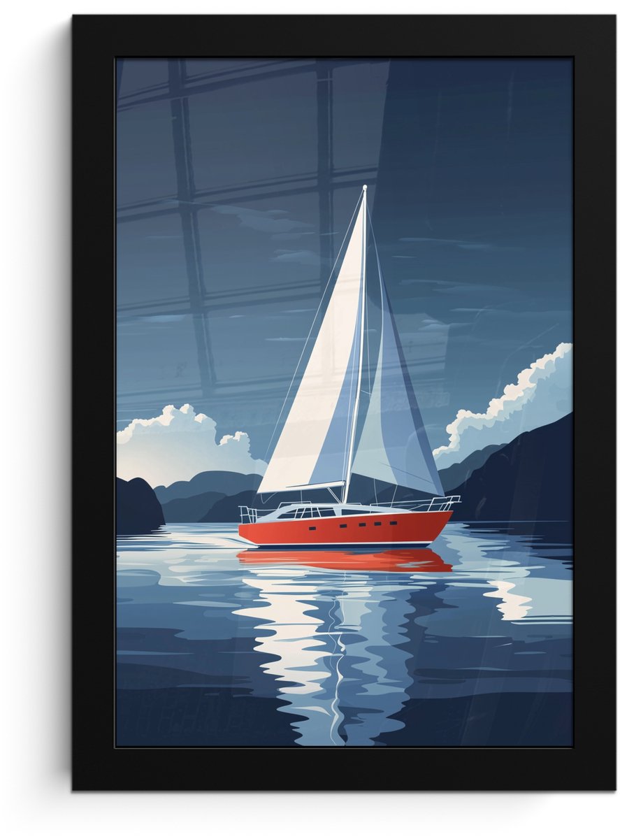 FrameYourWall Poster in lijst - Fotolijst 20x30 cm - Posters - Zeilboot - Donkere bergen - Stilte - Posterlijst zwart - Decoratie - Wanddecoratie woonkamer - Muurdecoratie slaapkamer Zeilboot - Wolken