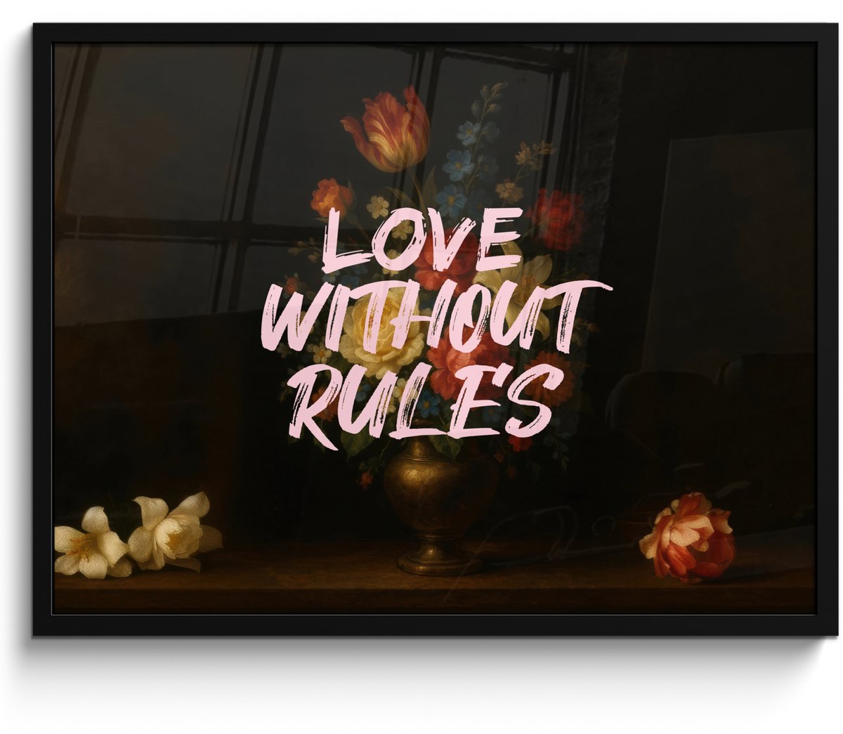 FrameYourWall Poster in lijst - Fotolijst 80x60 cm - Posters - Liefde - Modern - Bloemen - Posterlijst zwart - Decoratie - Wanddecoratie woonkamer - Muurdecoratie slaapkamer Love without rules