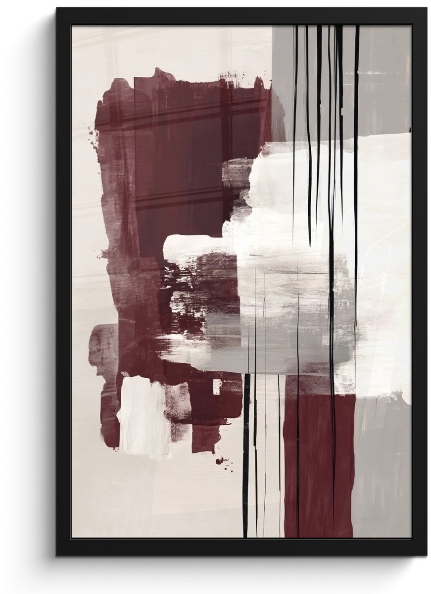 FrameYourWall Poster in lijst - Fotolijst 40x60 cm - Posters - Penseelstreken - Abstract - Lijnen - Rood - Posterlijst zwart - Decoratie - Wanddecoratie woonkamer - Muurdecoratie slaapkamer