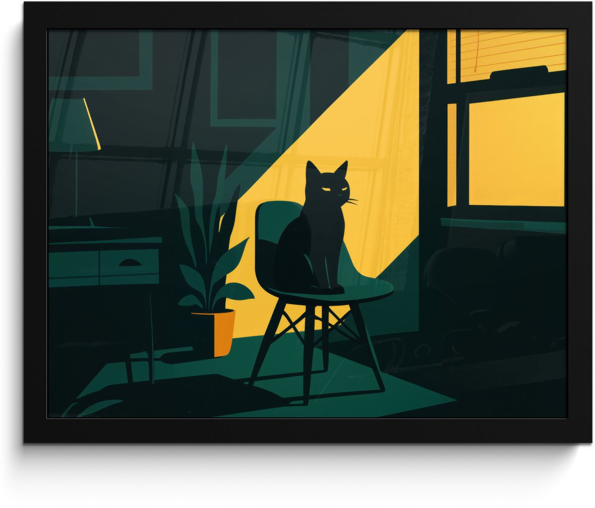 FrameYourWall Poster in lijst - Fotolijst 40x30 cm - Posters - Zwarte kat - Mysterieus - Gele instraal - Posterlijst zwart - Decoratie - Wanddecoratie woonkamer - Muurdecoratie slaapkamer