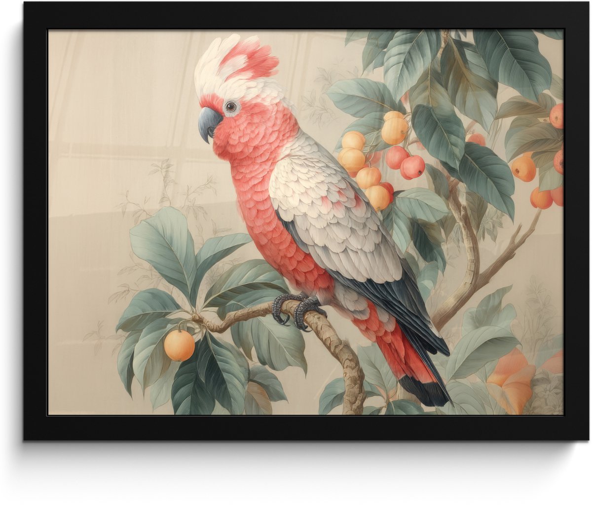 FrameYourWall Poster in lijst - Fotolijst 40x30 cm - Posters - Roze kuifkaketoe - Tak met vruchten - Bladeren - Posterlijst zwart - Decoratie - Wanddecoratie woonkamer - Muurdecoratie slaapkamer Kuifkaketoe - Tak - Vruchten