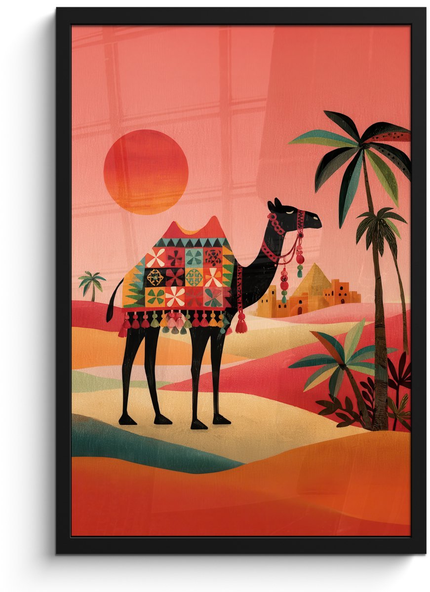 FrameYourWall Poster in lijst - Fotolijst 40x60 cm - Posters - Kameel - Gekleurd tapijt - Duinen - Rode zon - Posterlijst zwart - Decoratie - Wanddecoratie woonkamer - Muurdecoratie slaapkamer Kameel - Duinen - Zon