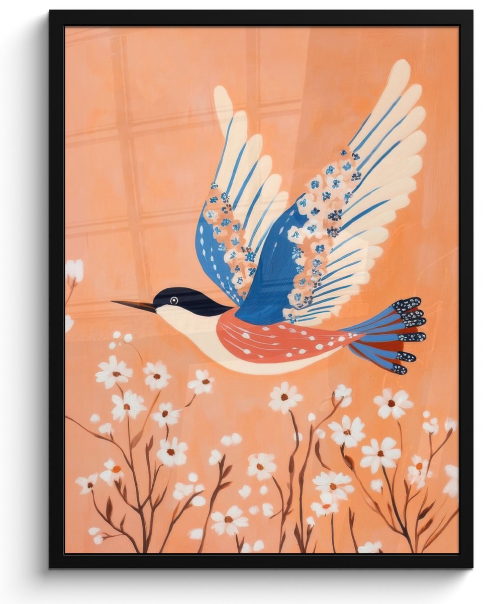 FrameYourWall Poster in lijst - Fotolijst 60x80 cm - Posters - Vogel - Bloesemtakken - Warm - Kleurrijk - Posterlijst zwart - Decoratie - Wanddecoratie woonkamer - Muurdecoratie slaapkamer