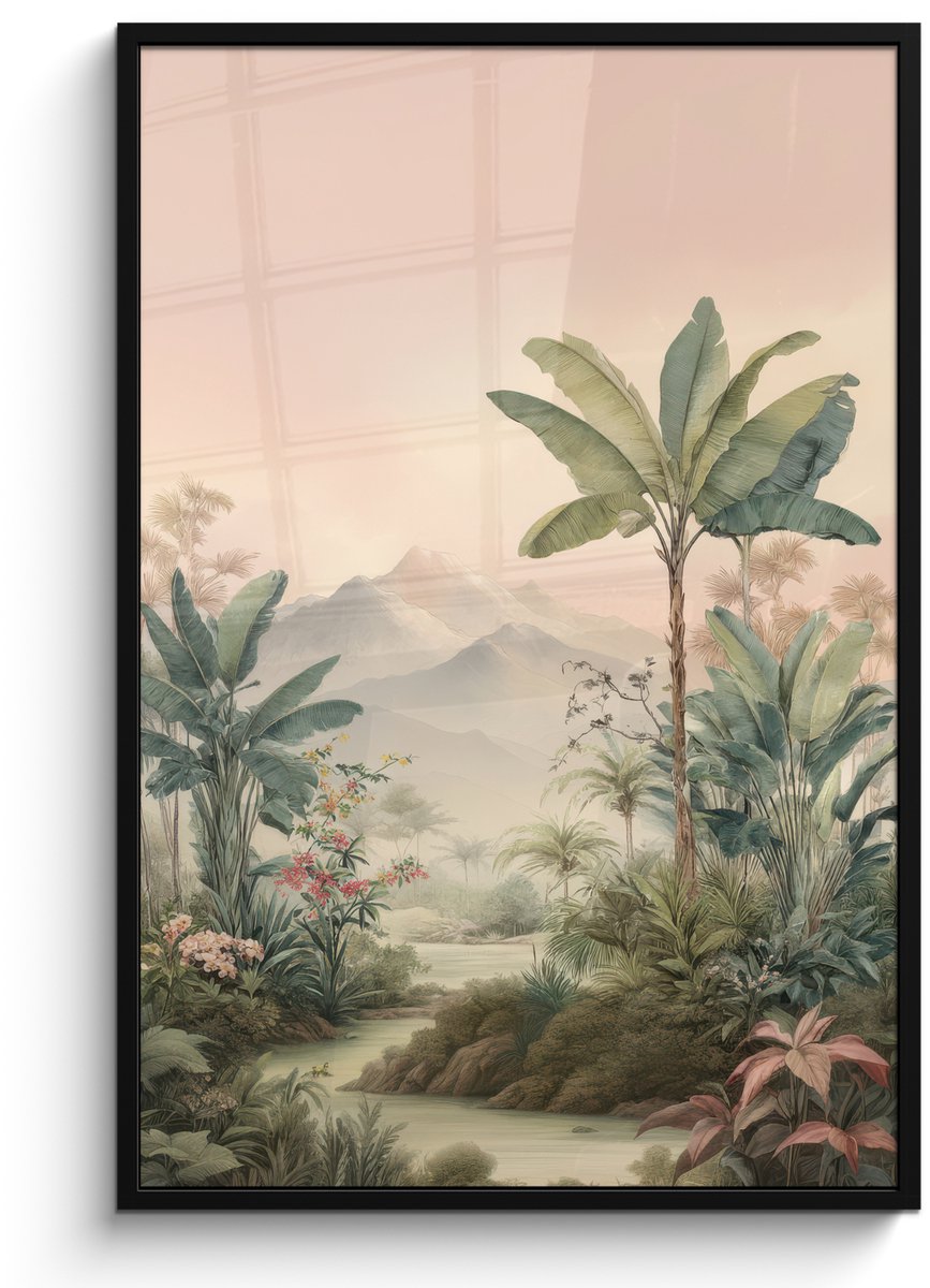 FrameYourWall Poster in lijst - Fotolijst 80x120 cm - Posters - Tropisch landschap - palmbomen - Bloemen - Roze lucht - Posterlijst zwart - Decoratie - Wanddecoratie woonkamer - Muurdecoratie slaapkamer Tropisch - Landschap