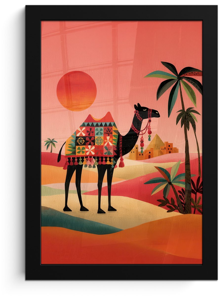 FrameYourWall Poster in lijst - Fotolijst 20x30 cm - Posters - Kameel - Gekleurd tapijt - Duinen - Rode zon - Posterlijst zwart - Decoratie - Wanddecoratie woonkamer - Muurdecoratie slaapkamer Kameel - Duinen - Zon