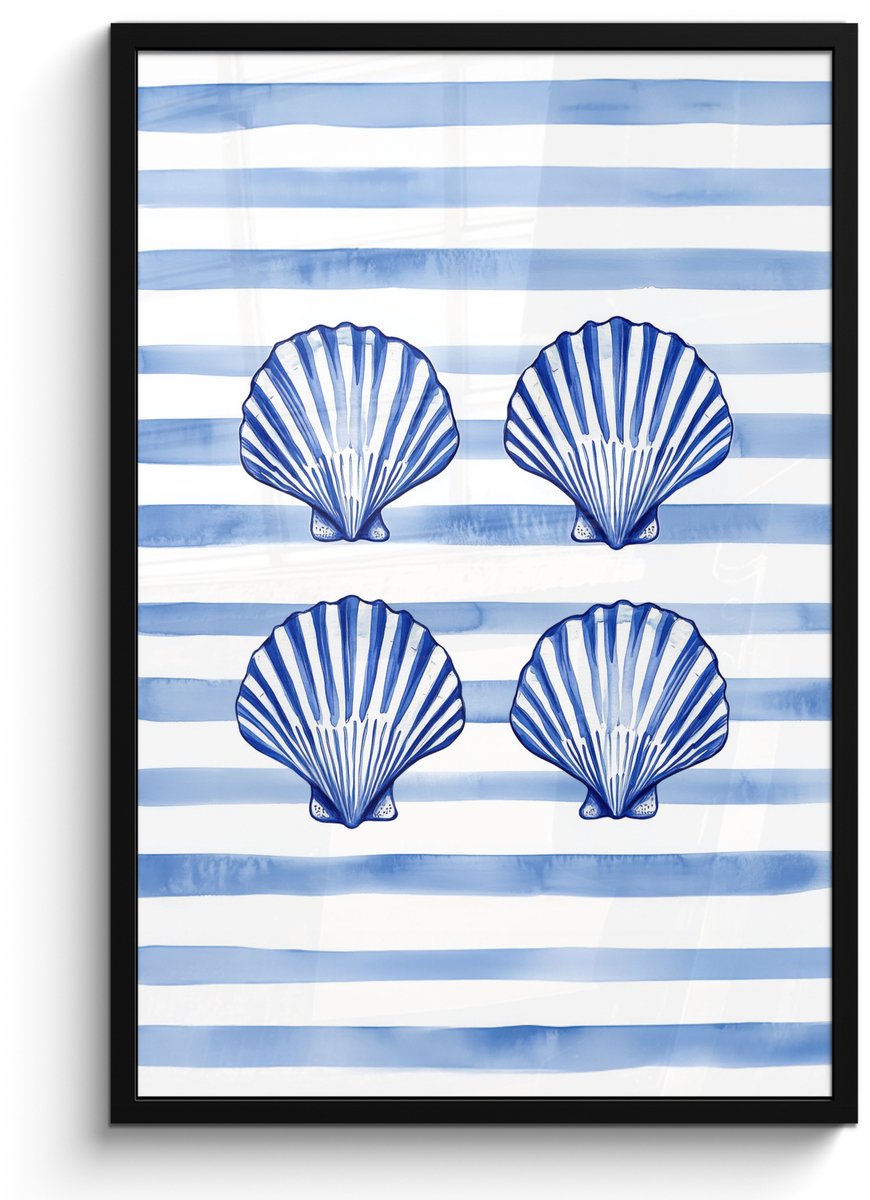 FrameYourWall Poster in lijst - Fotolijst 60x90 cm - Posters - Vier schelpen - Blauw - Wit - Strepen - Posterlijst zwart - Decoratie - Wanddecoratie woonkamer - Muurdecoratie slaapkamer Schelpen - Strepen