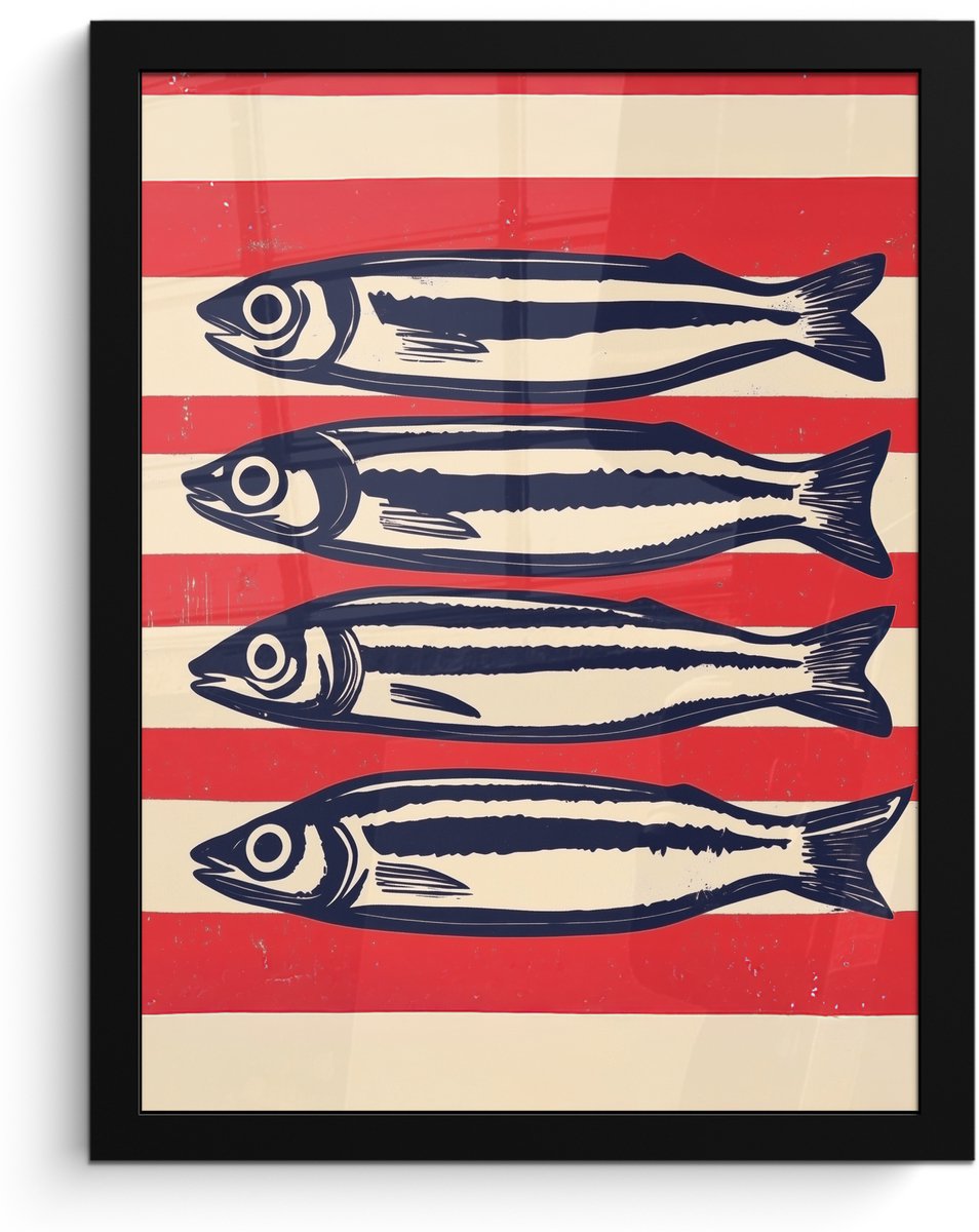 FrameYourWall Poster in lijst - Fotolijst 30x40 cm - Posters - Sardines - Rood en beige strepen - Posterlijst zwart - Decoratie - Wanddecoratie woonkamer - Muurdecoratie slaapkamer Sardines - Strepen
