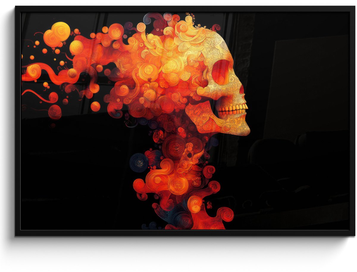 FrameYourWall Poster in lijst - Fotolijst 120x80 cm - Posters - Schedel - Oranje - Zijaanzicht - Vlammen - Posterlijst zwart - Decoratie - Wanddecoratie woonkamer - Muurdecoratie slaapkamer Schedel - Vlammen