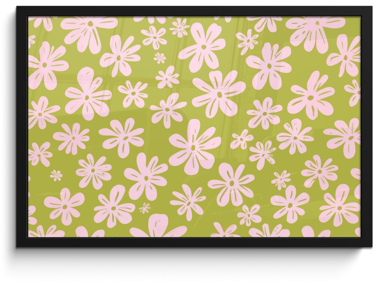 FrameYourWall Poster in lijst - Fotolijst 60x40 cm - Posters - Bloemen - Roze - Getekend - Patroon - Posterlijst zwart - Decoratie - Wanddecoratie woonkamer - Muurdecoratie slaapkamer Bloemen - Patroon