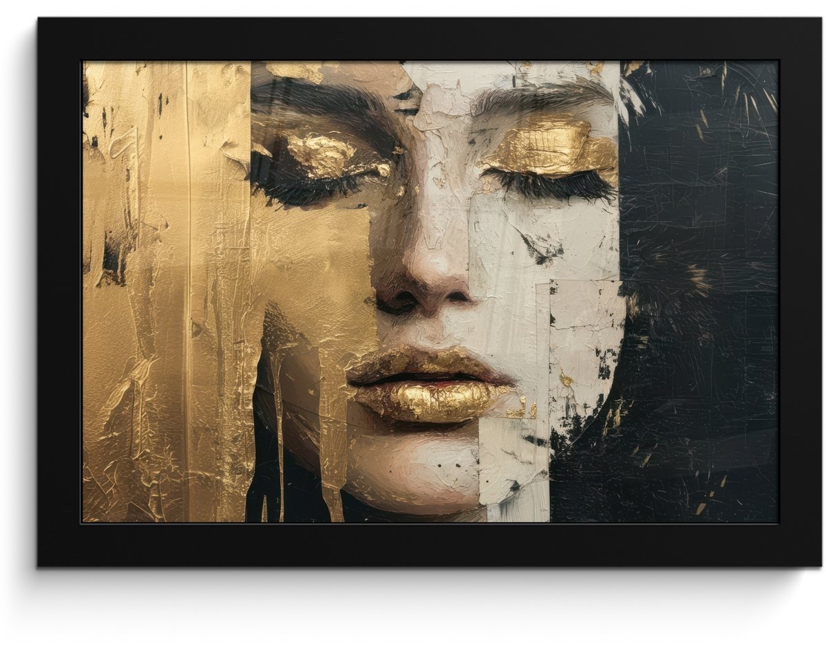 FrameYourWall Poster in lijst - Fotolijst 30x20 cm - Posters - Abstract - Goud - Gezicht - Lippen - Posterlijst zwart - Decoratie - Wanddecoratie woonkamer - Muurdecoratie slaapkamer Abstract - Gezicht - Lippen