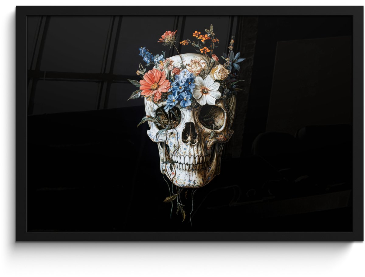 FrameYourWall Poster in lijst - Fotolijst 60x40 cm - Posters - Bloemen - Schedel - Kleurrijk - Posterlijst zwart - Decoratie - Wanddecoratie woonkamer - Muurdecoratie slaapkamer