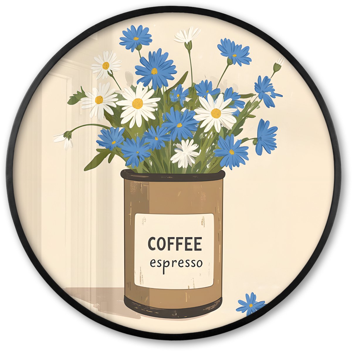FrameYourWall Poster in lijst Rond - Fotolijst 60x60 cm - Posters - Coffee - Blik - Minimalistisch - Bloemen - Ronde posterlijst zwart - Decoratie - Wanddecoratie woonkamer - Muurdecoratie slaapkamer Bloemen - Blik