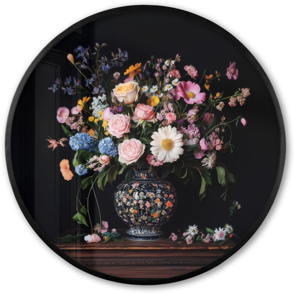 FrameYourWall Poster in lijst Rond - Fotolijst 80x80 cm - Posters - Bloemenvaas - Hout - Bloemen - Boeket - Ronde posterlijst zwart - Decoratie - Wanddecoratie woonkamer - Muurdecoratie slaapkamer