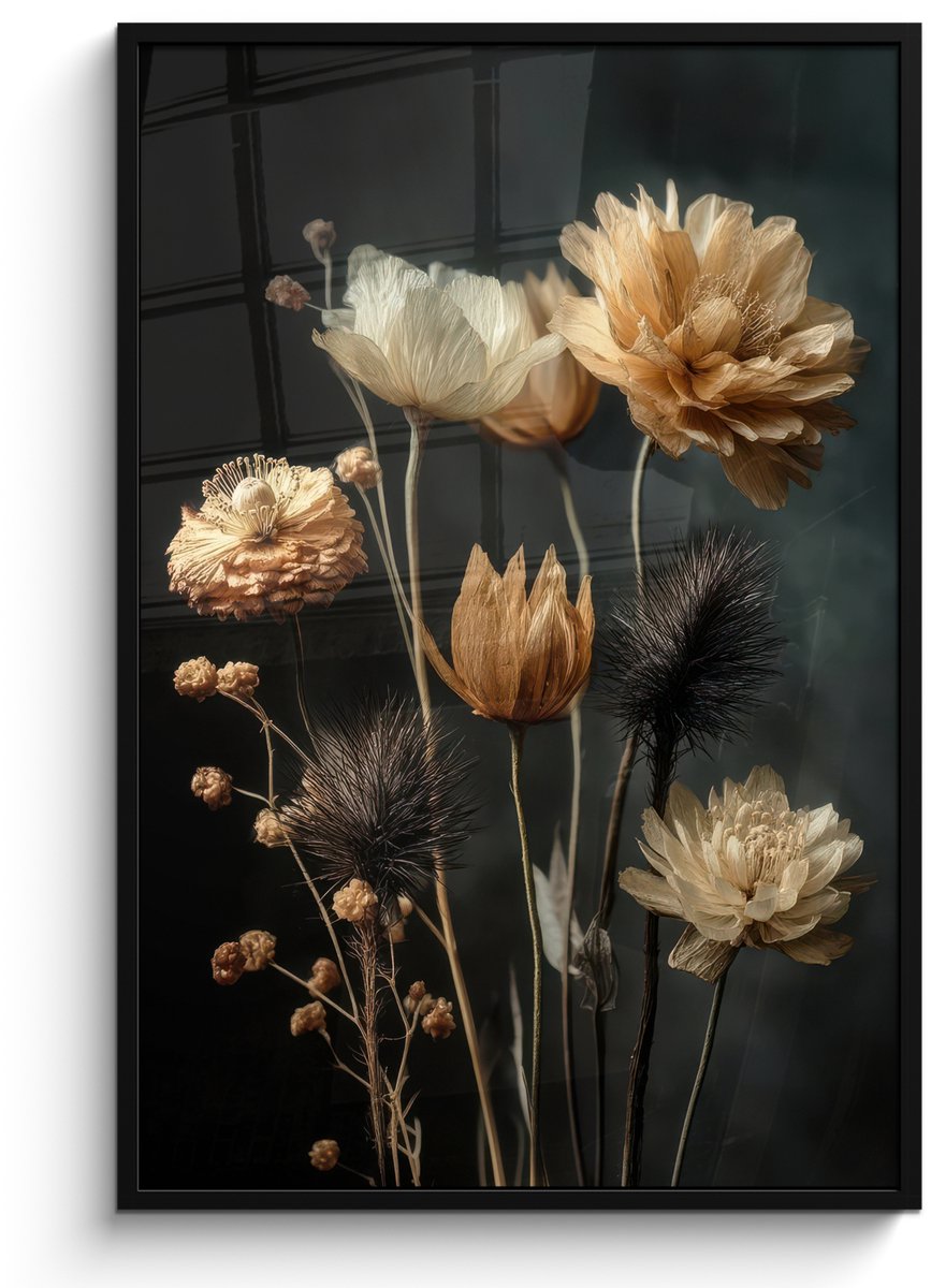 FrameYourWall Poster in lijst - Fotolijst 80x120 cm - Posters - Boeket - Bloemen - Licht - Zwart - Posterlijst zwart - Decoratie - Wanddecoratie woonkamer - Muurdecoratie slaapkamer