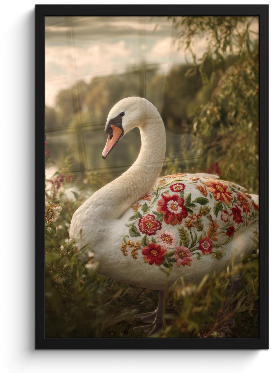 FrameYourWall Poster in lijst - Fotolijst 40x60 cm - Posters - Zwaan - Bloemen - Natuur - Posterlijst zwart - Decoratie - Wanddecoratie woonkamer - Muurdecoratie slaapkamer