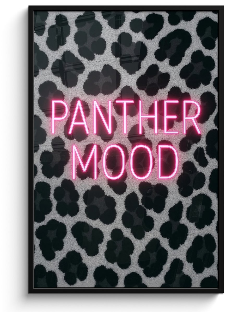 FrameYourWall Poster in lijst - Fotolijst 80x120 cm - Posters - Panterprint - Zwart - Neonletters - Roze - Posterlijst zwart - Decoratie - Wanddecoratie woonkamer - Muurdecoratie slaapkamer Panterprint - Tekst